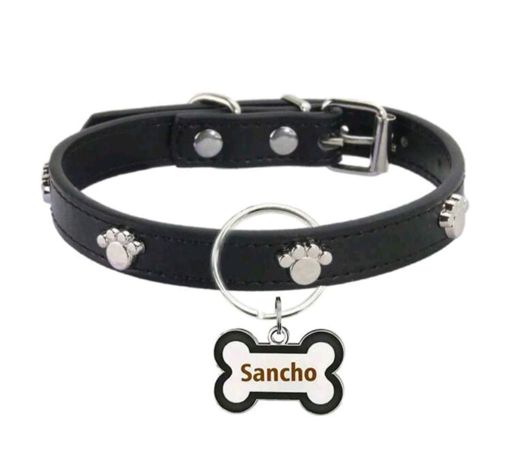 Customized Leather Dog Collar With Bone-Shaped Pet Tag